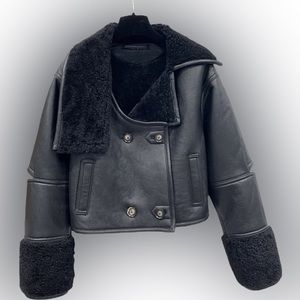 Genuine Leather Cropped wool bomber Jacket with cut-out detail on the sleeve.